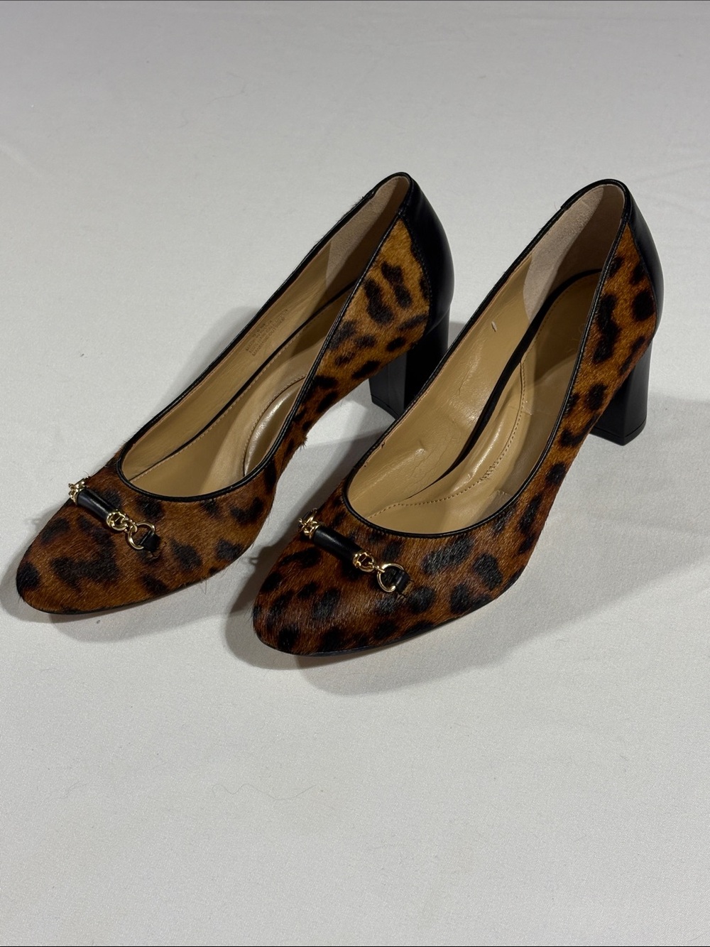 Talbots Calf Hair Leopard-Print Block Heel Pumps with Gold Accent NNT 9.5 - Picture 4 of 16